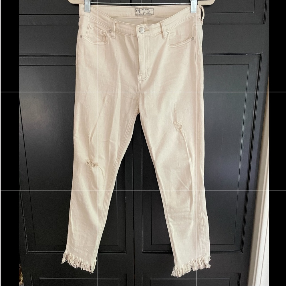 Free People distressed fringe frayed hem white ivory jeans
